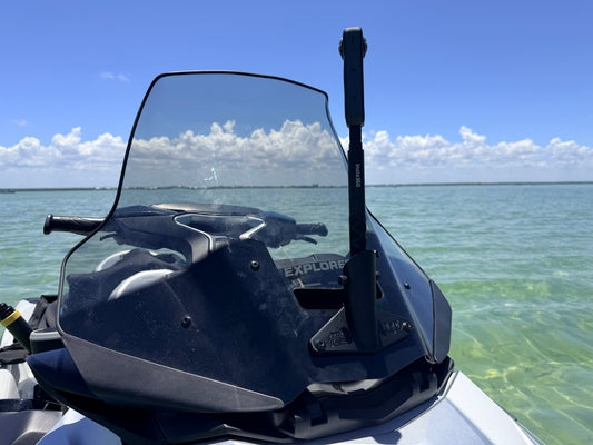 Front video mount for SEADOO EXPLORER windshield.